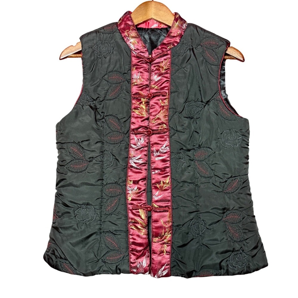 Unbranded Quilted Floral Vest Women Large Black Burgundy Frog Button Mandarin